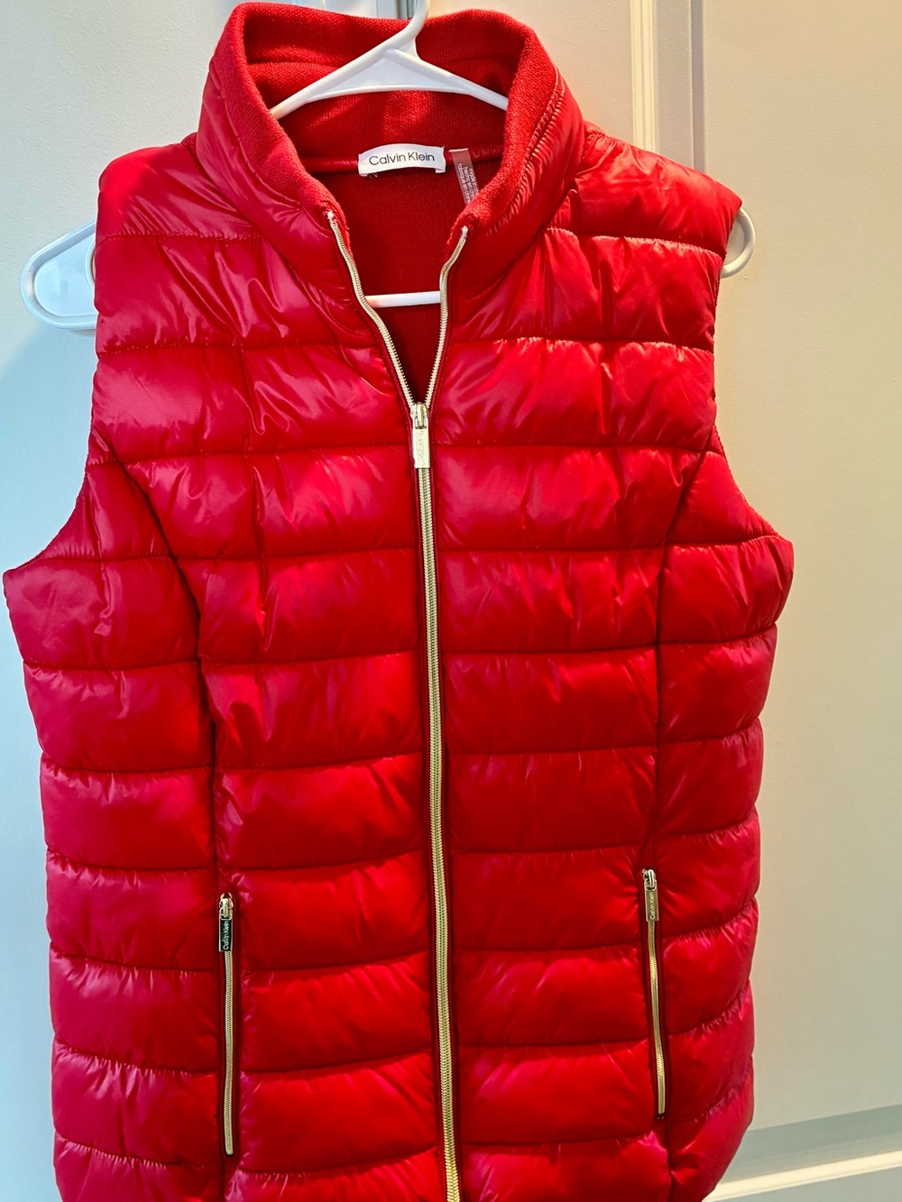 Calvin Klein Bright Red Quilted Puffer Vest with Gold Zipper Size M